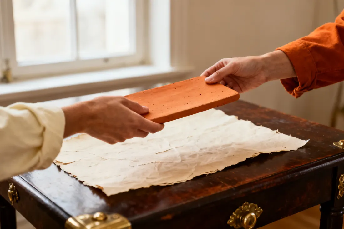Hands passing a clay tablet